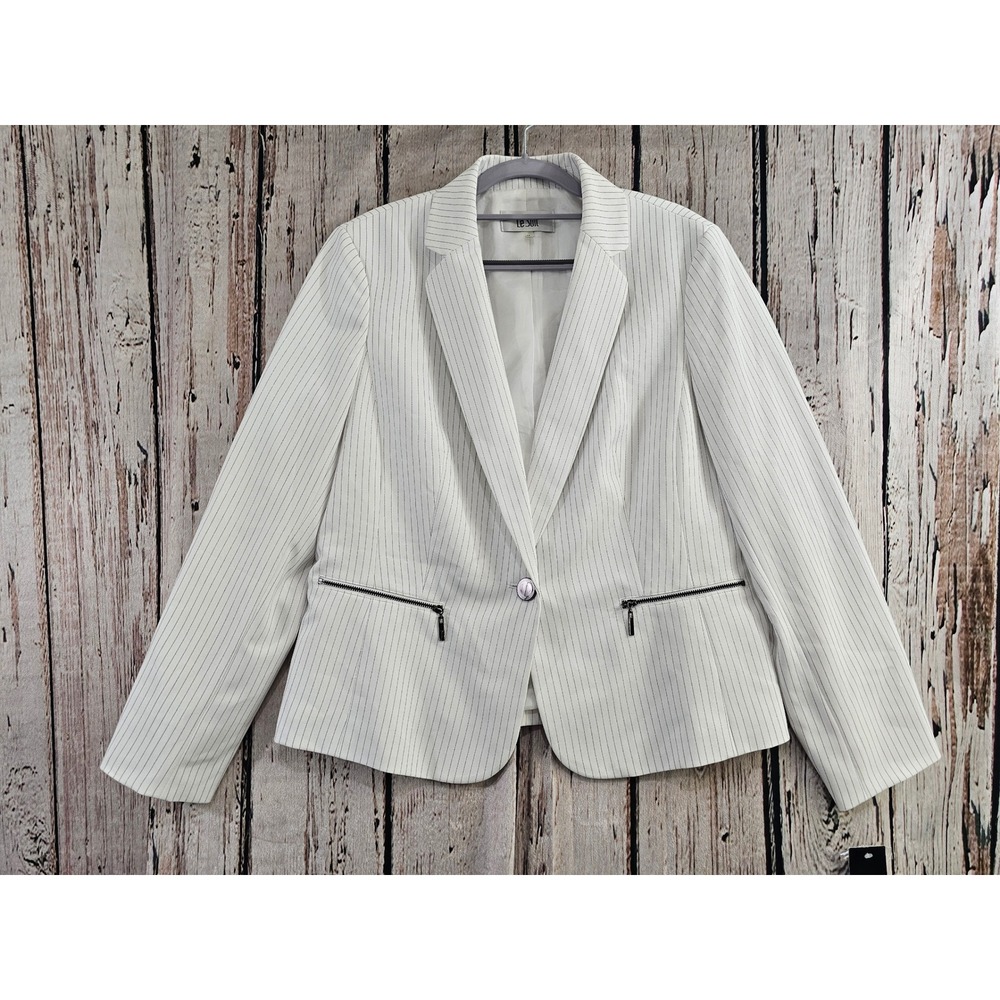 Le Suit Blazer Jacket Womens 14 White Pinstripe NWT Zip Pockets Retro Style NEW